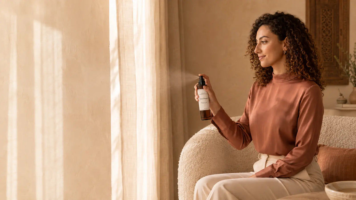 Mannequin Zinia vaporisant le parfum d’ambiance Fleur d’Oranger dans un intérieur marocain